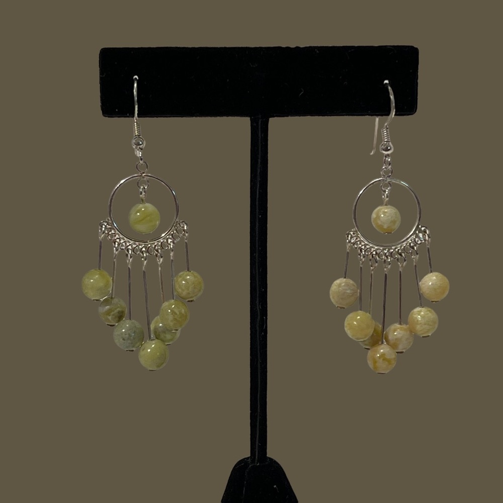 Sterling Silver Chandelier Earrings With Green  Stone Beads
